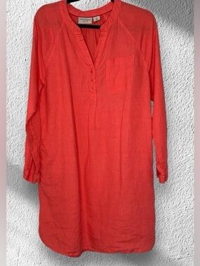 Martha Stewart Linen Henley Shirt Dress - Roll Tab Sleeve - Pockets - Coral XS